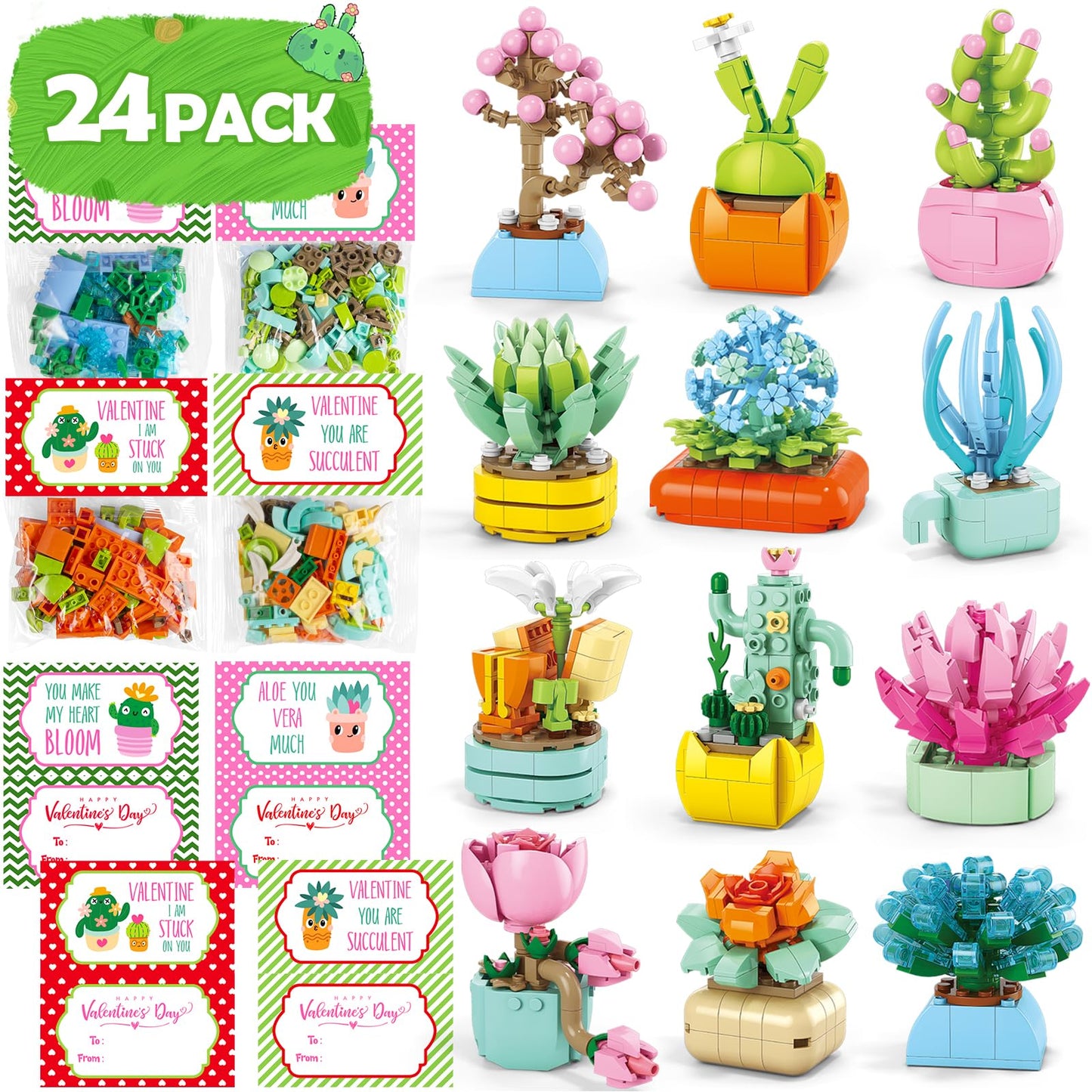 Partylamb Valentines Day Gifts for Kids – 24 Succulents Building Blocks with Valentines Cards
