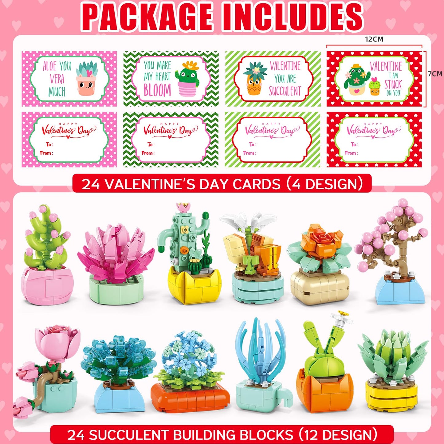 Partylamb Valentines Day Gifts for Kids – 24 Succulents Building Blocks with Valentines Cards