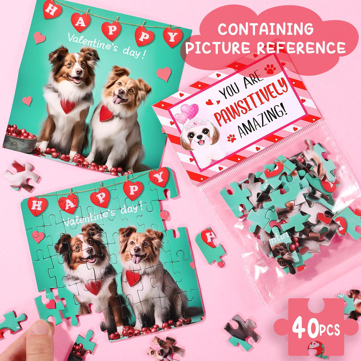 Partylamb Valentines Kids Jigsaw Puzzles – 24 Pack Cat & Dog Designs with Cards for Classroom Gifts