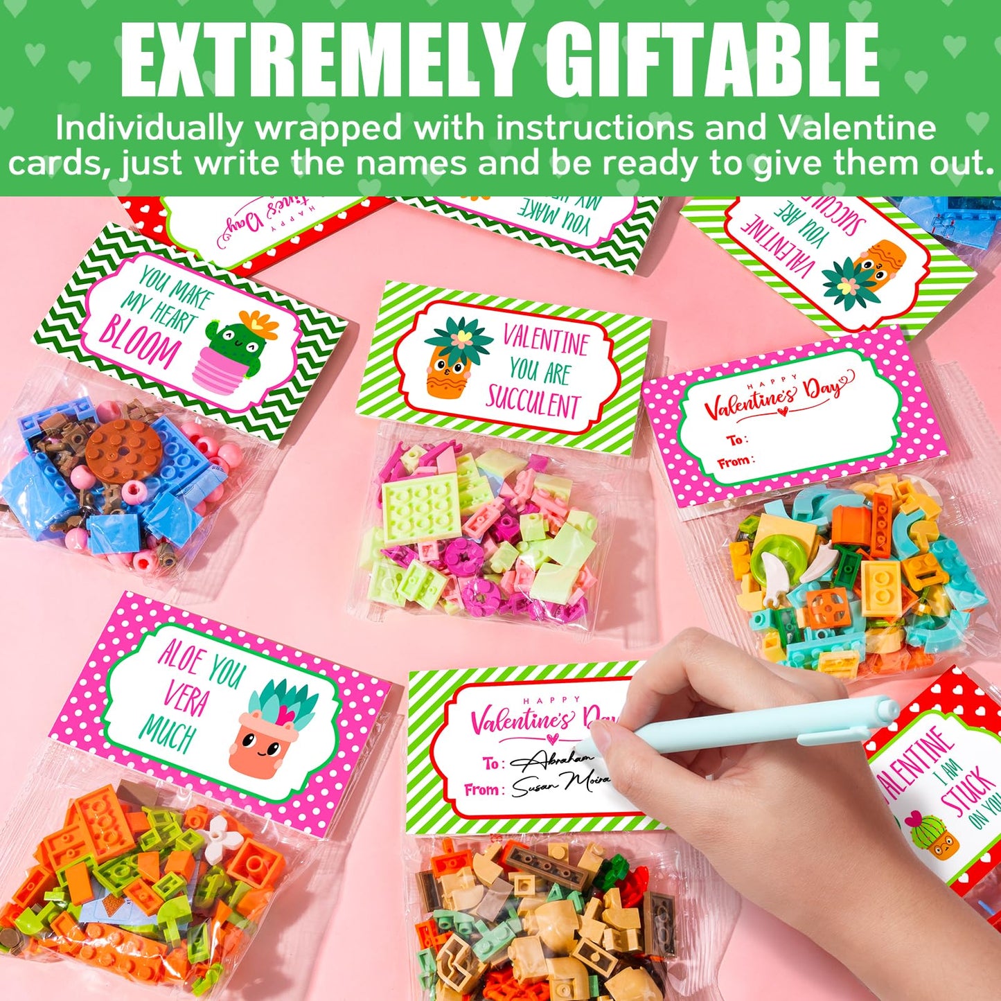 Partylamb Valentines Day Gifts for Kids – 24 Succulents Building Blocks with Valentines Cards