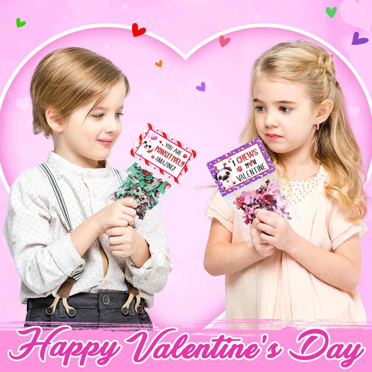 Partylamb Valentines Kids Jigsaw Puzzles – 24 Pack Cat & Dog Designs with Cards for Classroom Gifts