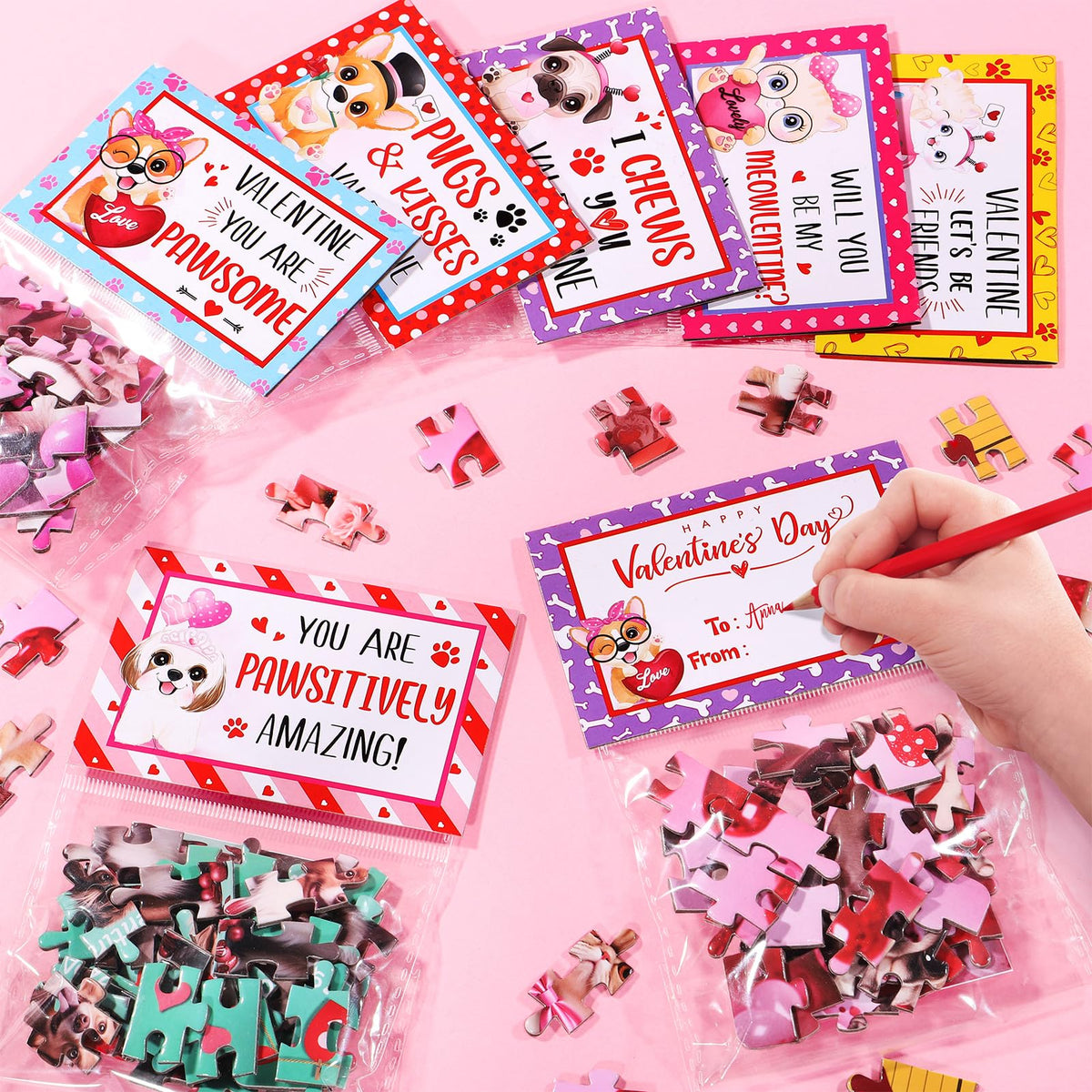 Partylamb Valentines Kids Jigsaw Puzzles – 24 Pack Cat & Dog Designs with Cards for Classroom Gifts