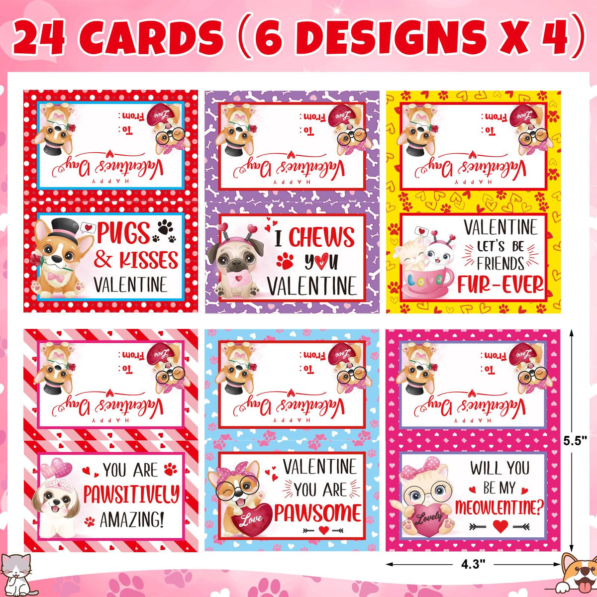 Partylamb Valentines Kids Jigsaw Puzzles – 24 Pack Cat & Dog Designs with Cards for Classroom Gifts