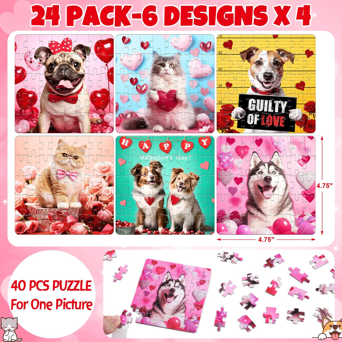 Partylamb Valentines Kids Jigsaw Puzzles – 24 Pack Cat & Dog Designs with Cards for Classroom Gifts