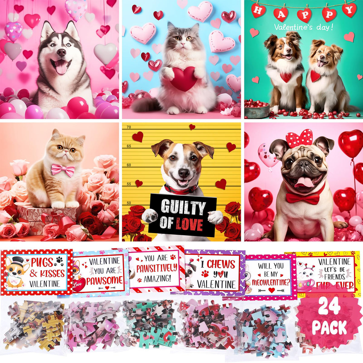 Partylamb Valentines Kids Jigsaw Puzzles – 24 Pack Cat & Dog Designs with Cards for Classroom Gifts