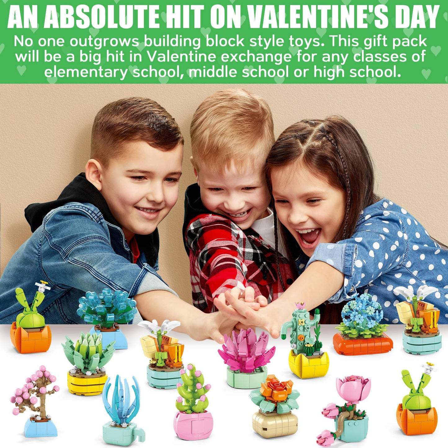 Partylamb Valentines Day Gifts for Kids – 24 Succulents Building Blocks with Valentines Cards