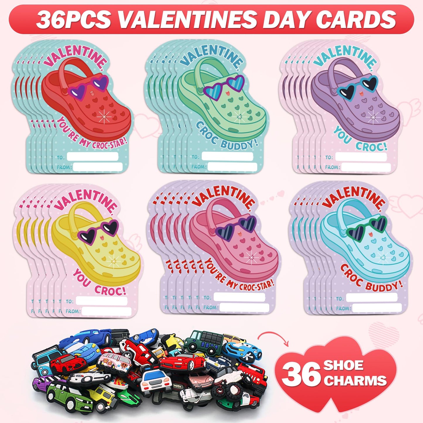 Partyloud 36-Pack Valentines Cards for Kids with Car Shoe Charms