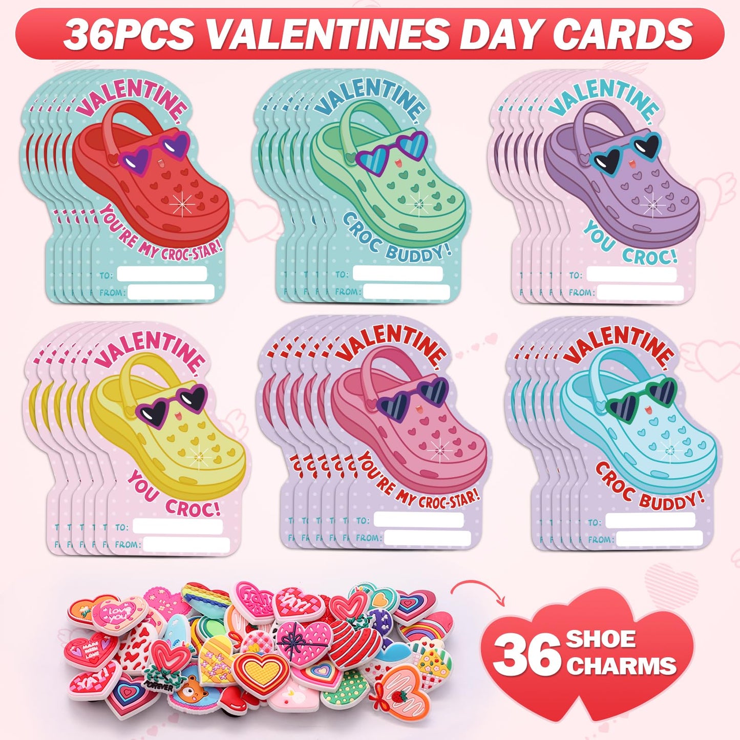 PARTYLOUD Valentines Day Cards for Kids – 36 Classroom Cards with Heart Shoe Charms (Candy-Free Exchange)
