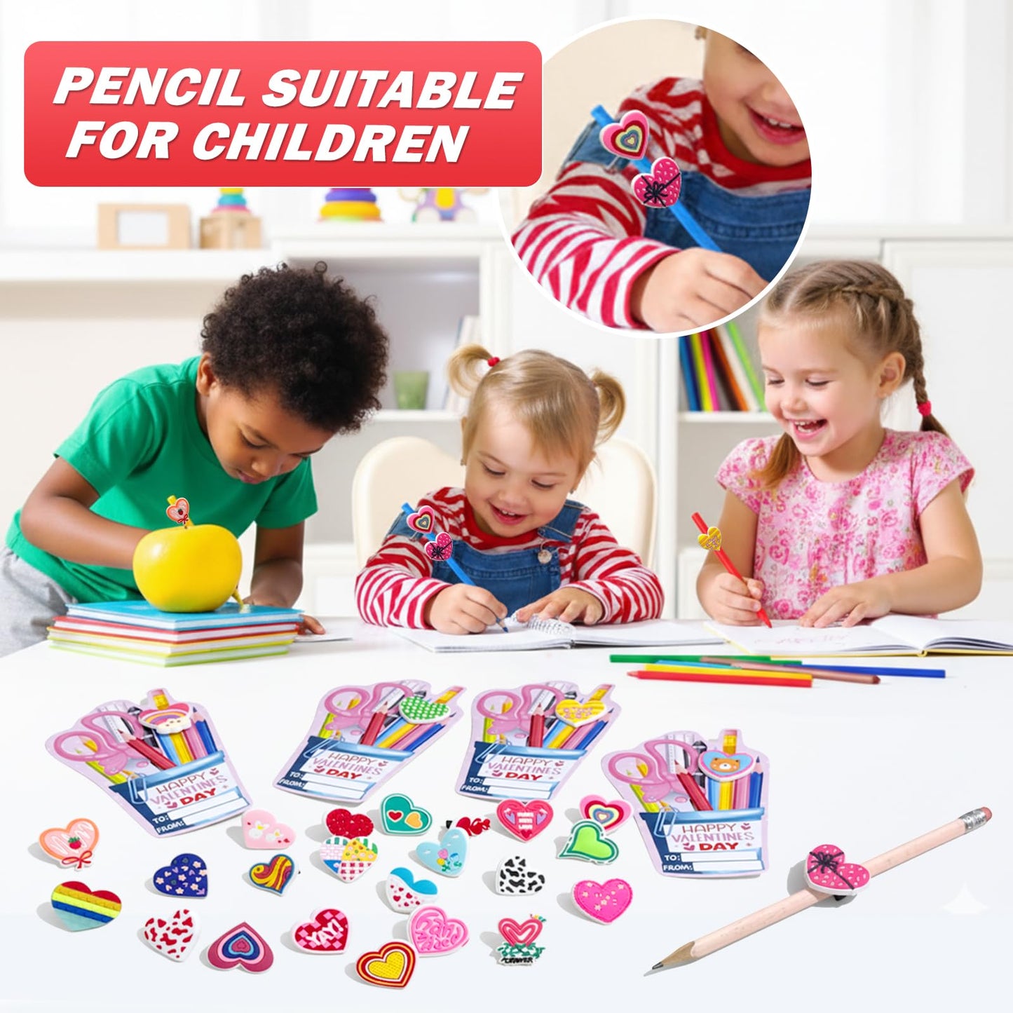 PartyLoud 30-Piece Valentines Pencil Toppers & Exchange Cards for Classroom Gifts