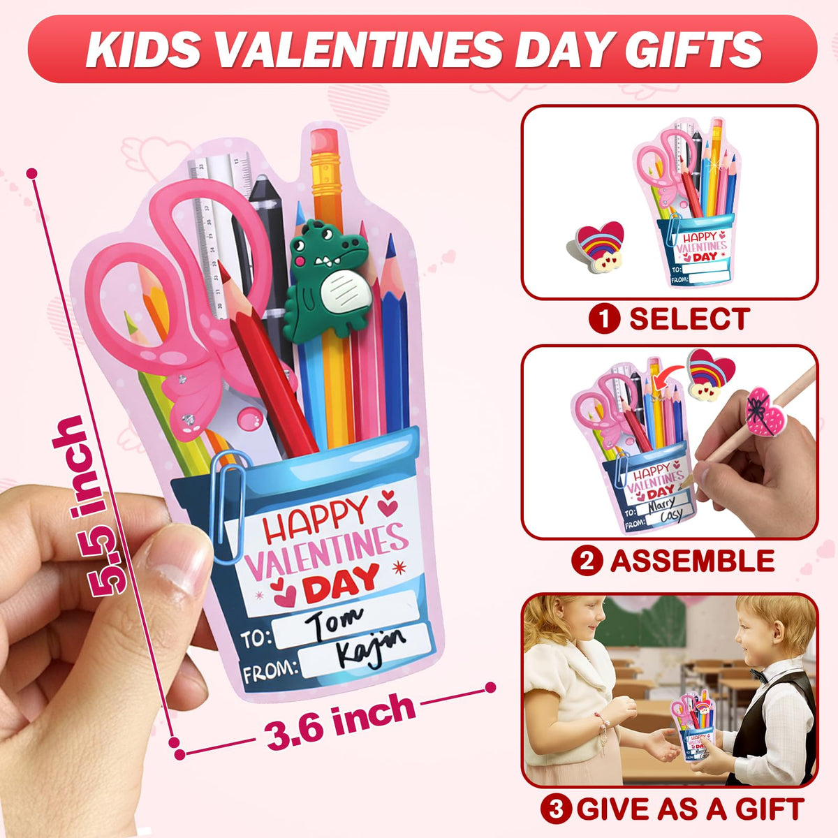 PartyLOUD Valentines Day Cards for Kids – Pencil Toppers for Classroom Exchange & School Parties