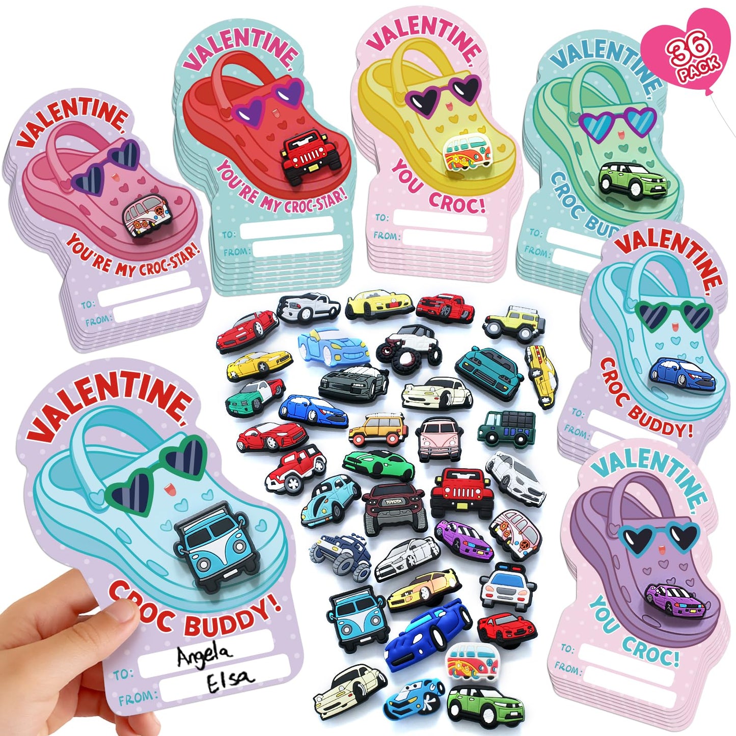 Partyloud 36-Pack Valentines Cards for Kids with Car Shoe Charms