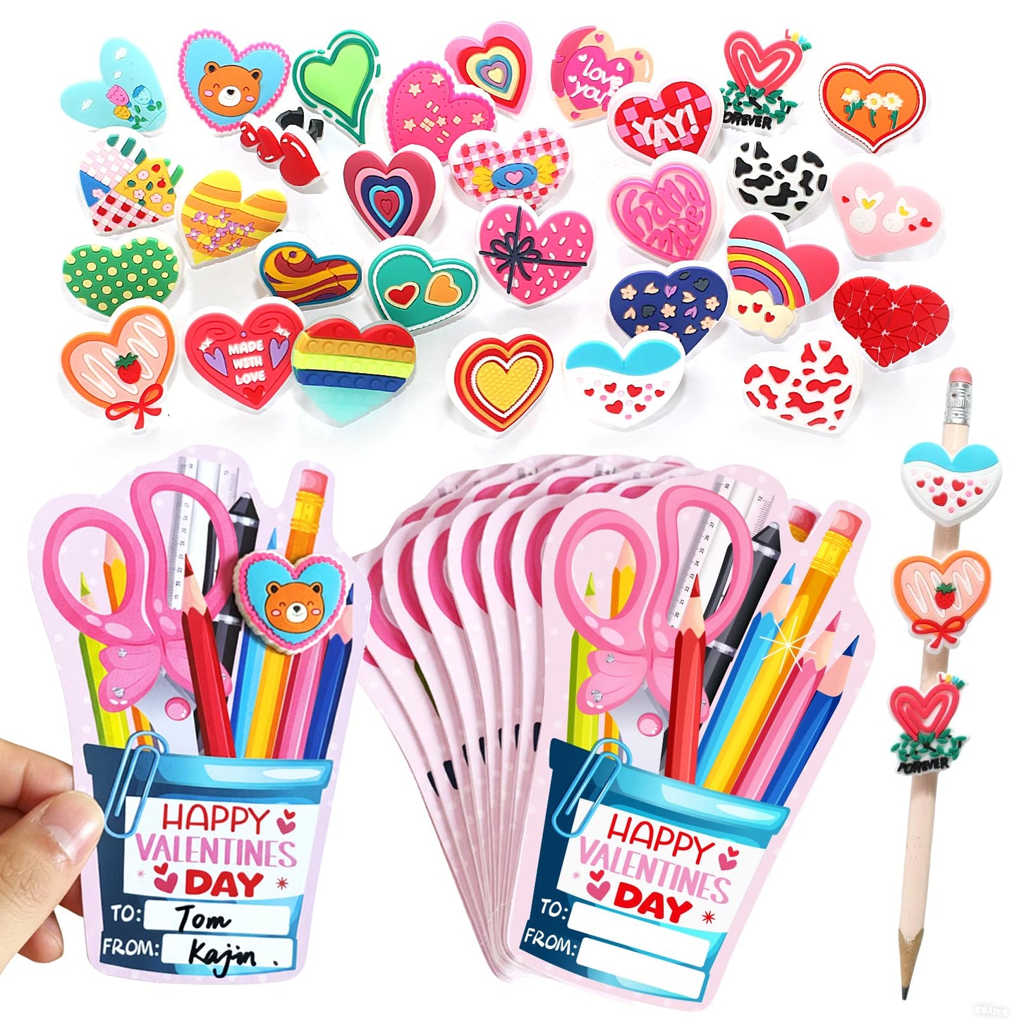 PartyLoud 30-Piece Valentines Pencil Toppers & Exchange Cards for Classroom Gifts