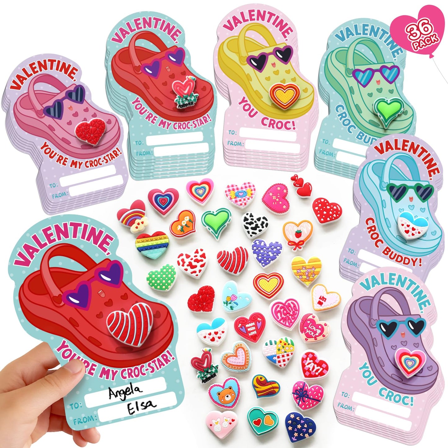 PARTYLOUD Valentines Day Cards for Kids – 36 Classroom Cards with Heart Shoe Charms (Candy-Free Exchange)