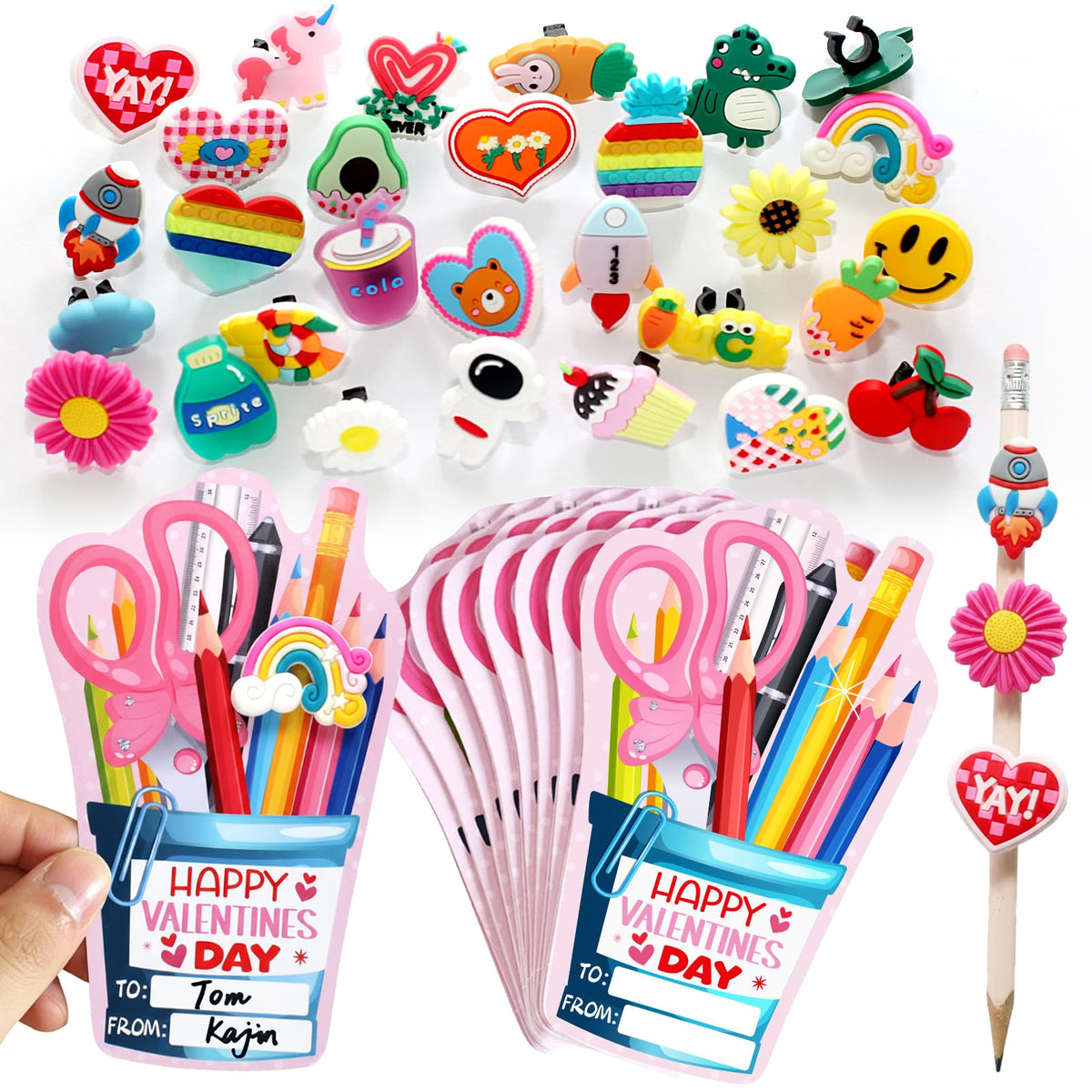 PartyLOUD Valentines Day Cards for Kids – Pencil Toppers for Classroom Exchange & School Parties