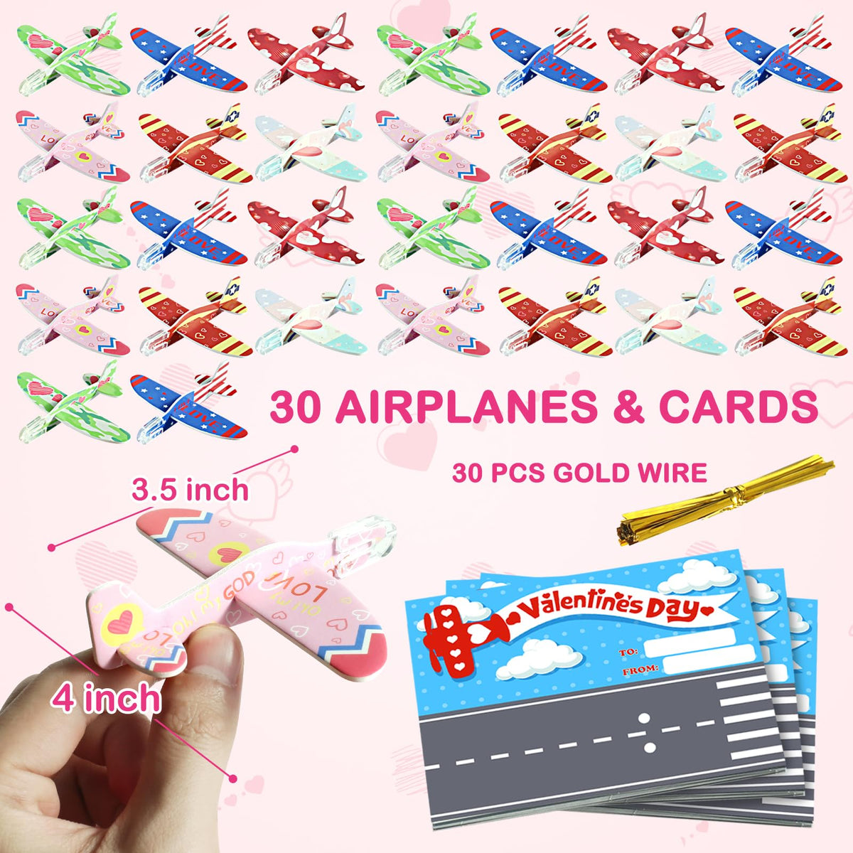 PARTYLOUD 30 Pcs Valentines Day Cards with Foam Airplanes for Kids Classroom
