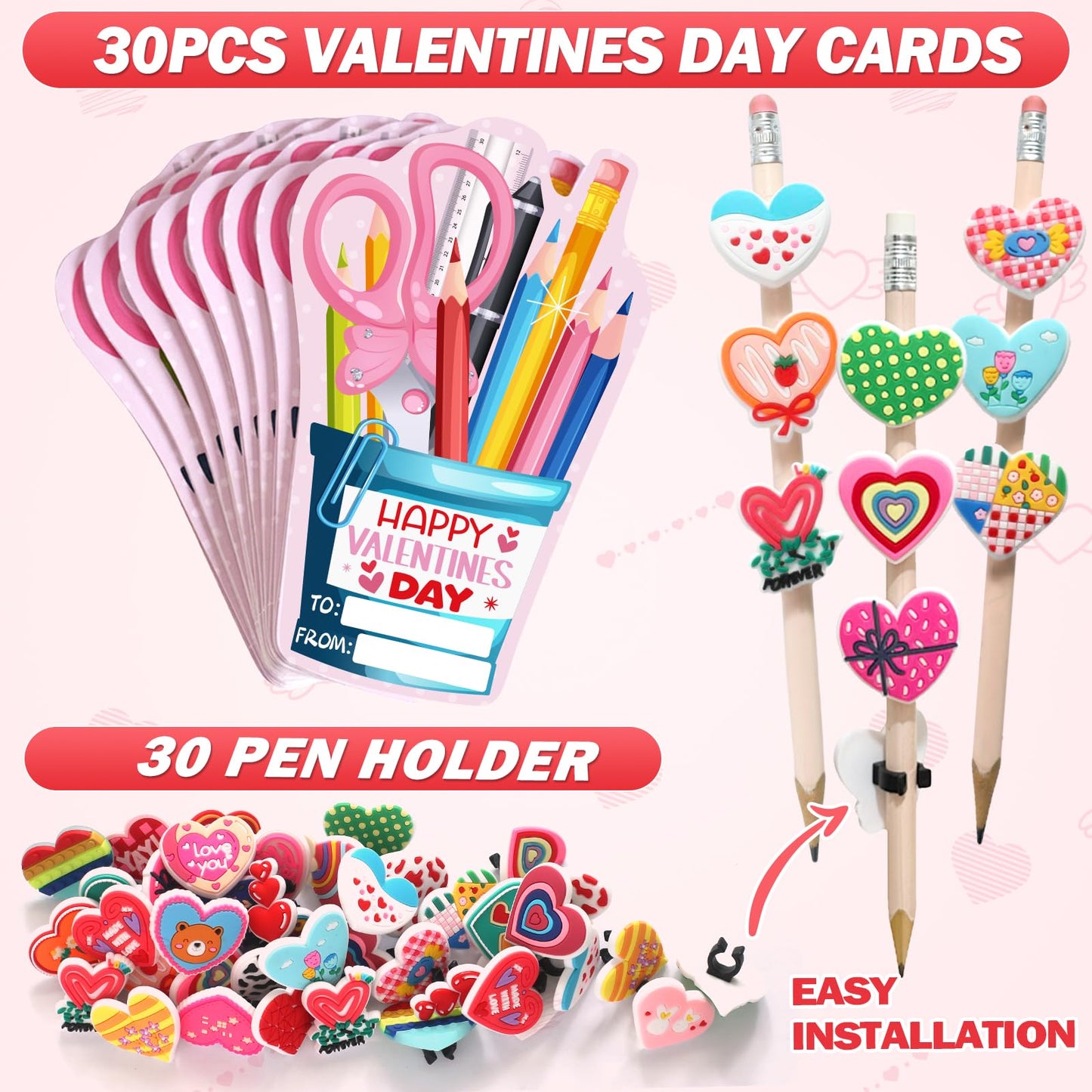 PartyLoud 30-Piece Valentines Pencil Toppers & Exchange Cards for Classroom Gifts