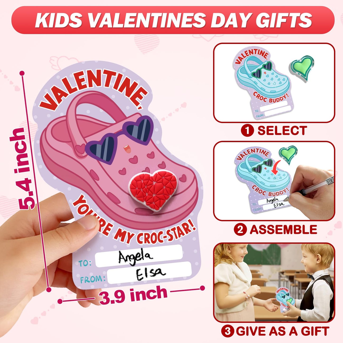 PARTYLOUD Valentines Day Cards for Kids – 36 Classroom Cards with Heart Shoe Charms (Candy-Free Exchange)