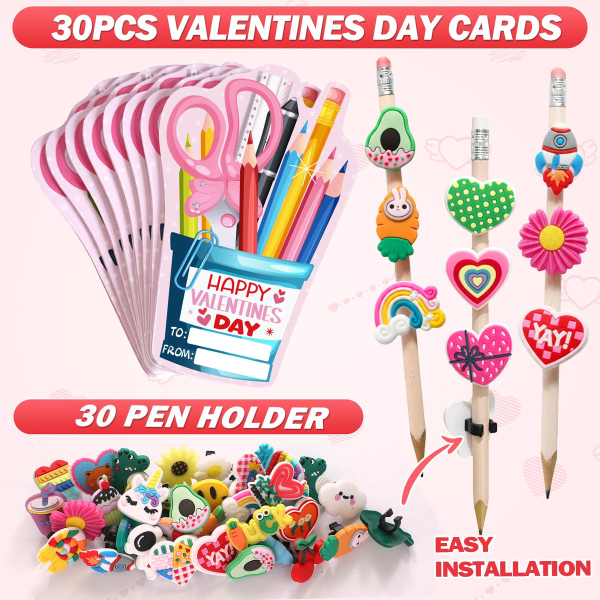 PartyLOUD Valentines Day Cards for Kids – Pencil Toppers for Classroom Exchange & School Parties