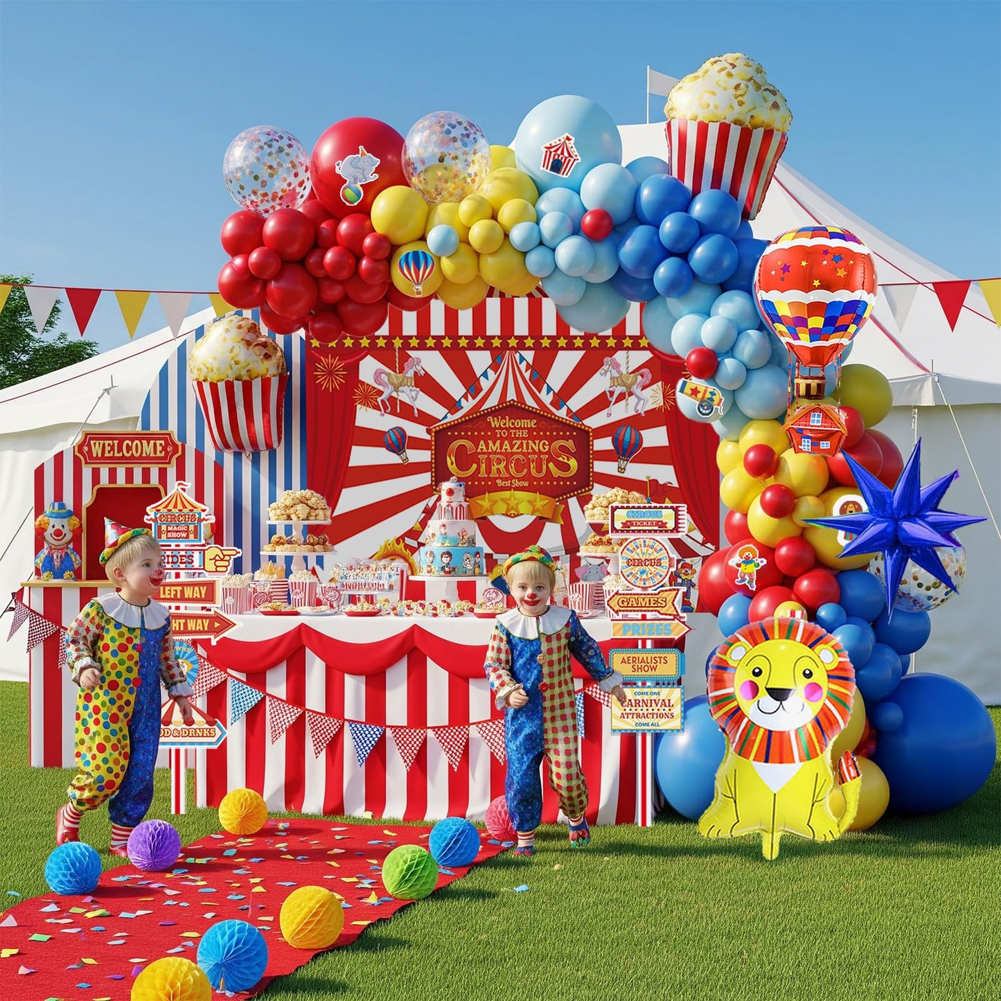 PartyMigo Carnival Theme Decorations – Balloons, Striped Banner, Backdrop & Signposts