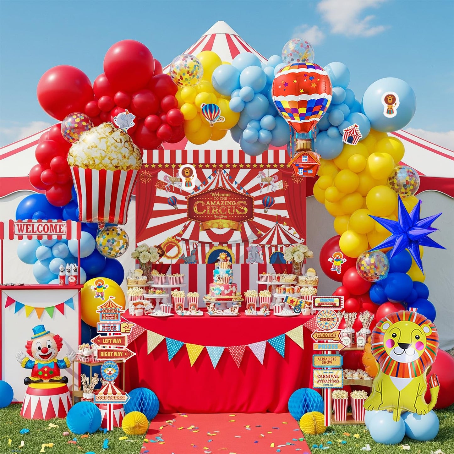 PartyMigo Carnival Theme Decorations – Balloons, Striped Banner, Backdrop & Signposts