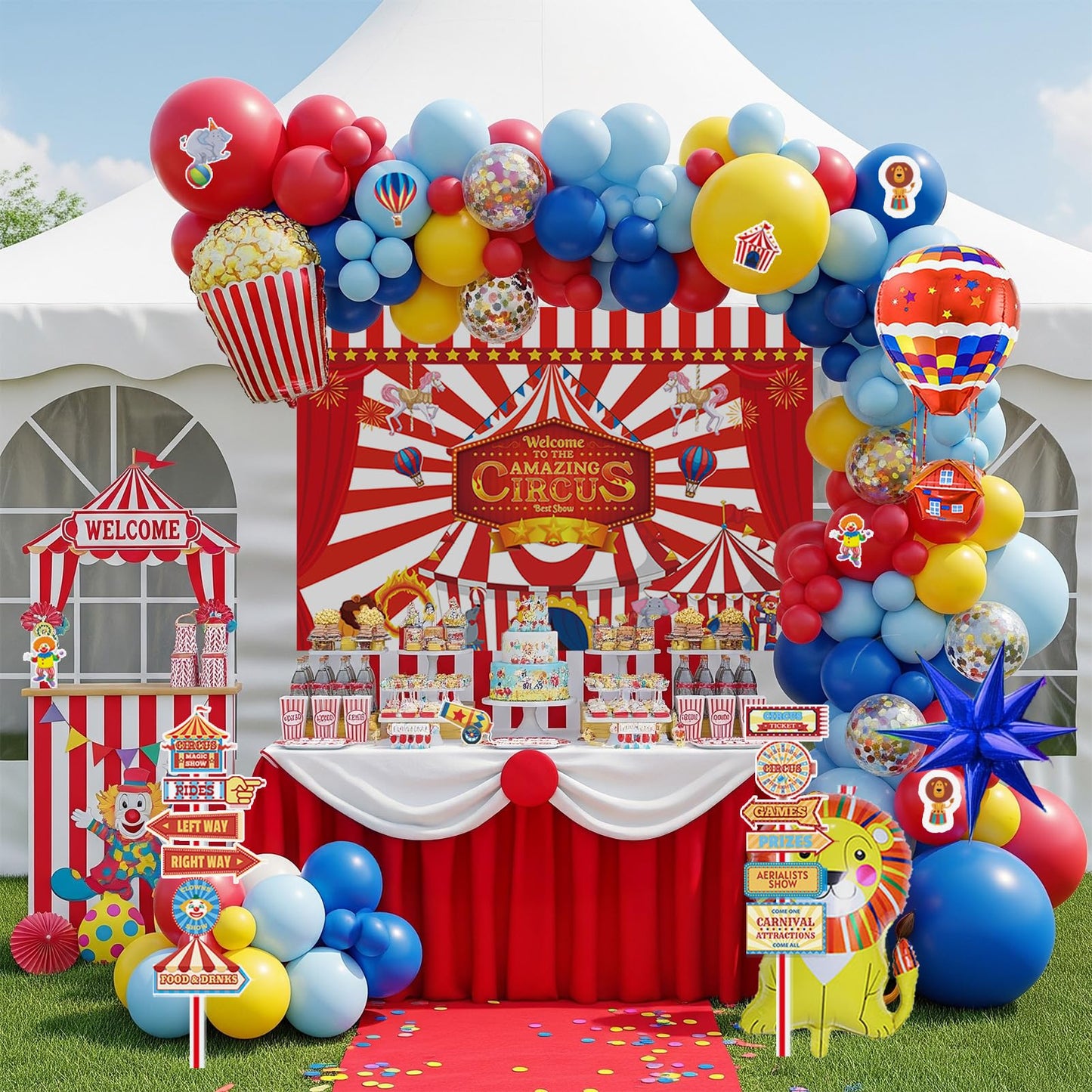 PartyMigo Carnival Theme Decorations – Balloons, Striped Banner, Backdrop & Signposts
