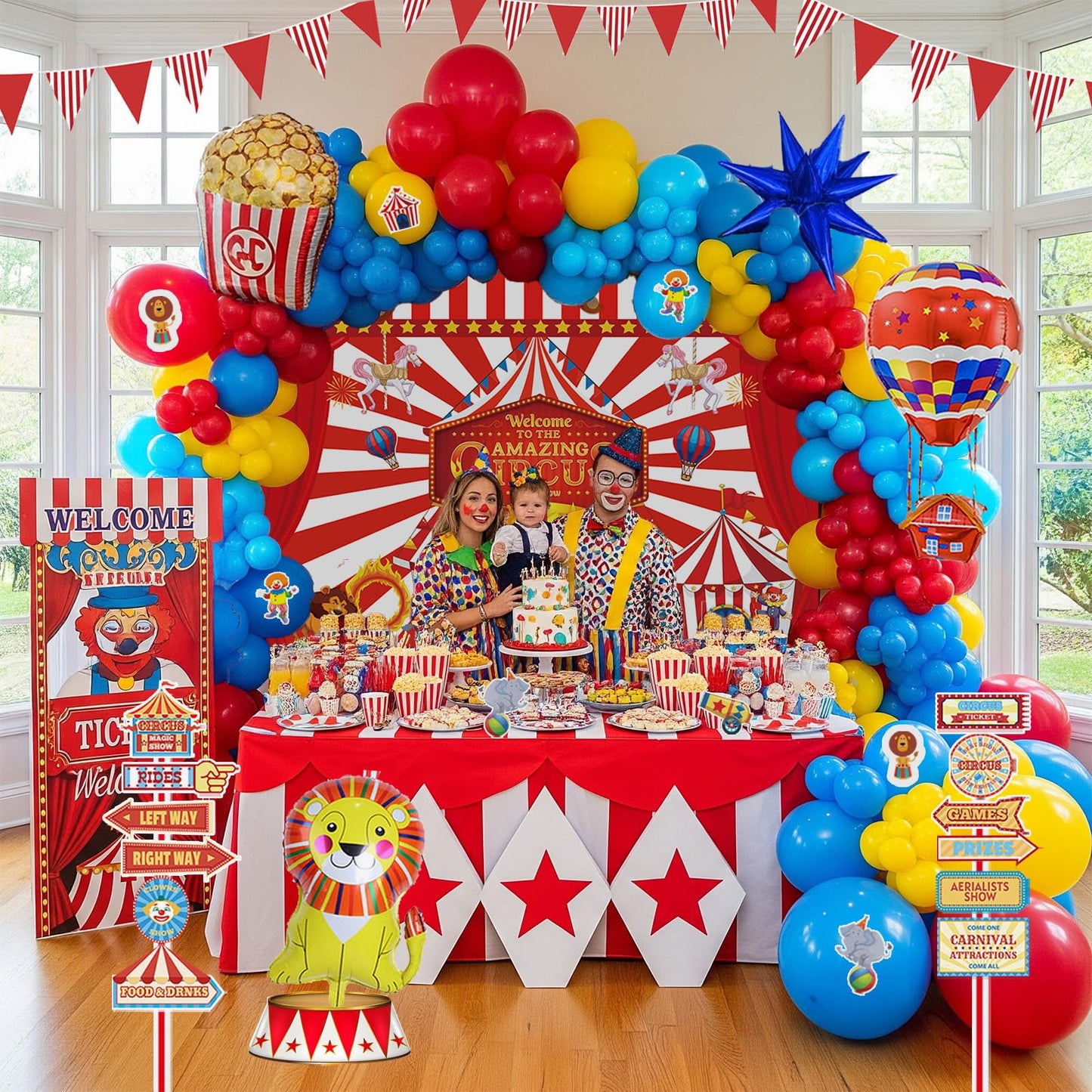 PartyMigo Carnival Theme Decorations – Balloons, Striped Banner, Backdrop & Signposts