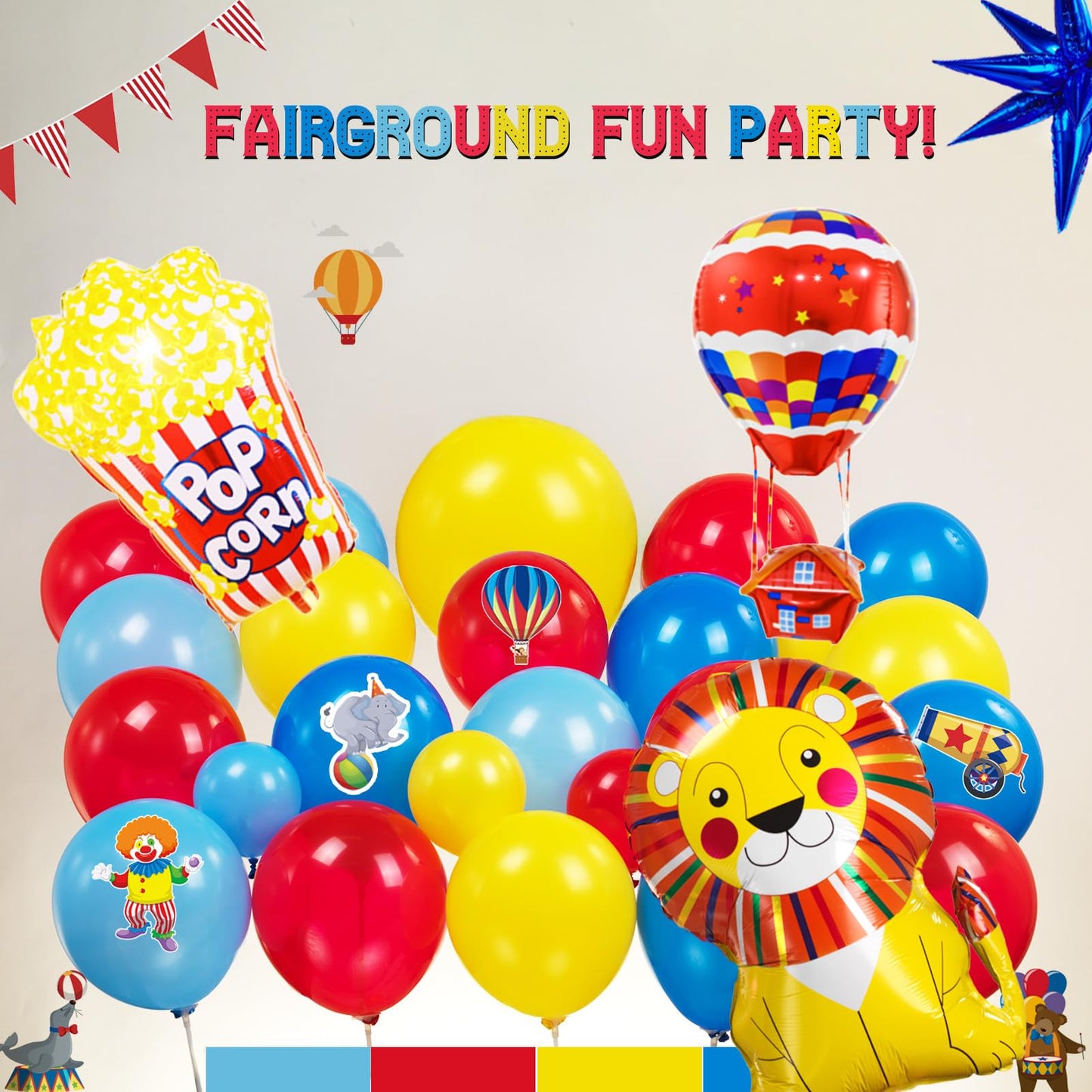 PartyMigo Carnival Theme Decorations – Balloons, Striped Banner, Backdrop & Signposts