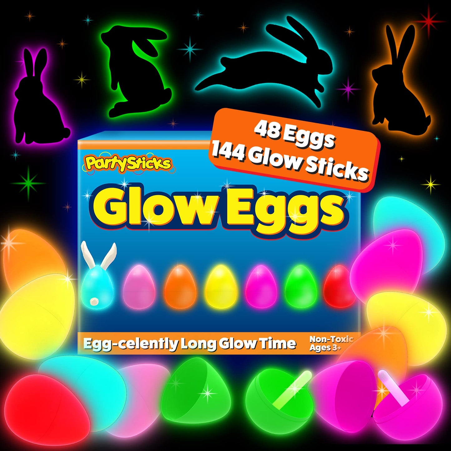 PartySticks: 48 Easter Glow Eggs + 144 Mini Glow Sticks — 192pcs Glow-in-the-Dark Fun for Easter Hunts, Parties & Prizes
