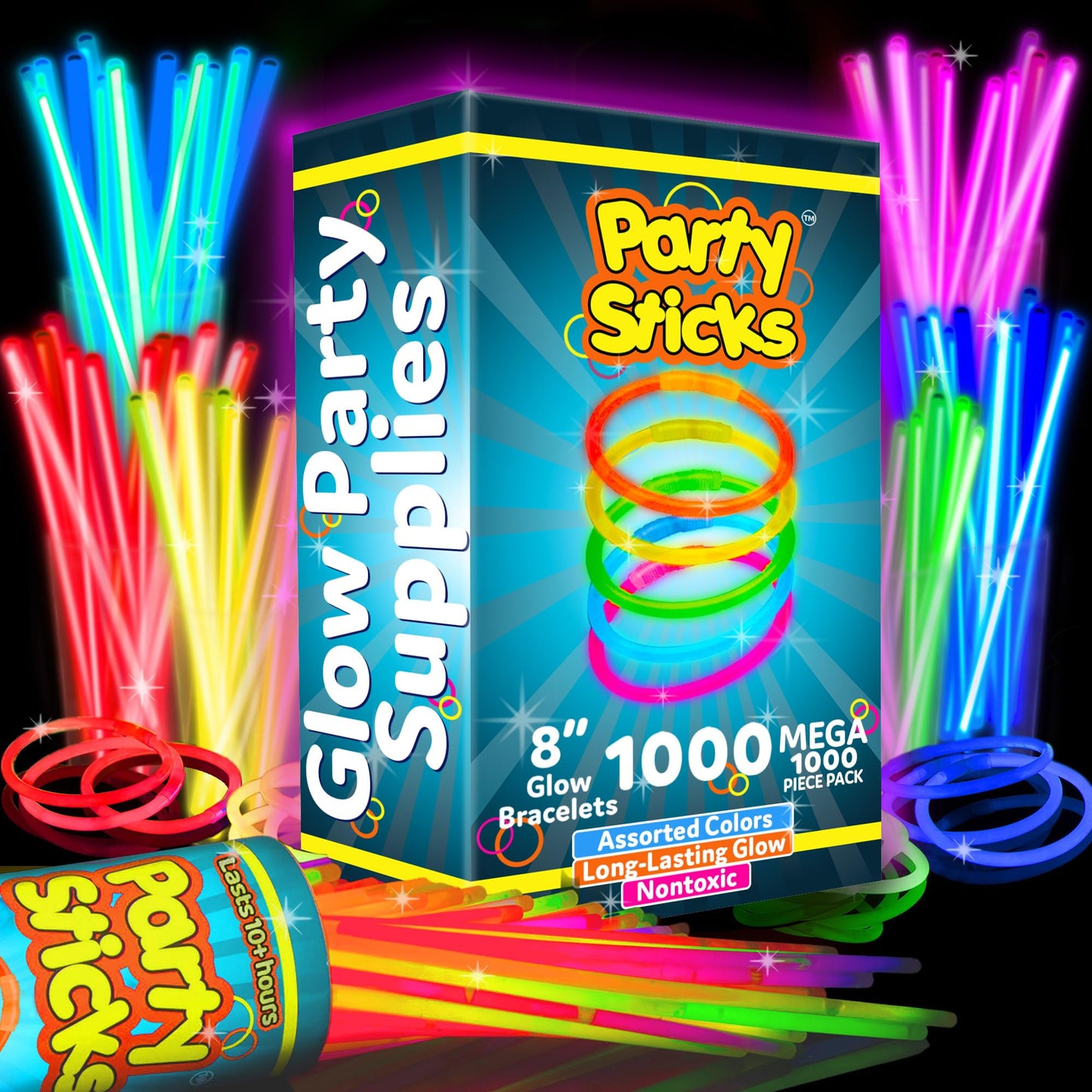 PartySticks Glow Sticks 1000 Pack – 8-Inch Neon Glow, Waterproof, Connectors