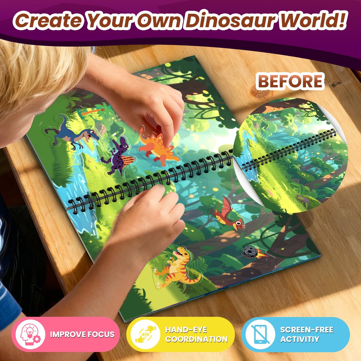 PARTYWIND Dinosaur Reusable Sticker Book for Toddlers – DIY Face Dinosaurs, 3D Jelly Stickers, Travel-Friendly Fun
