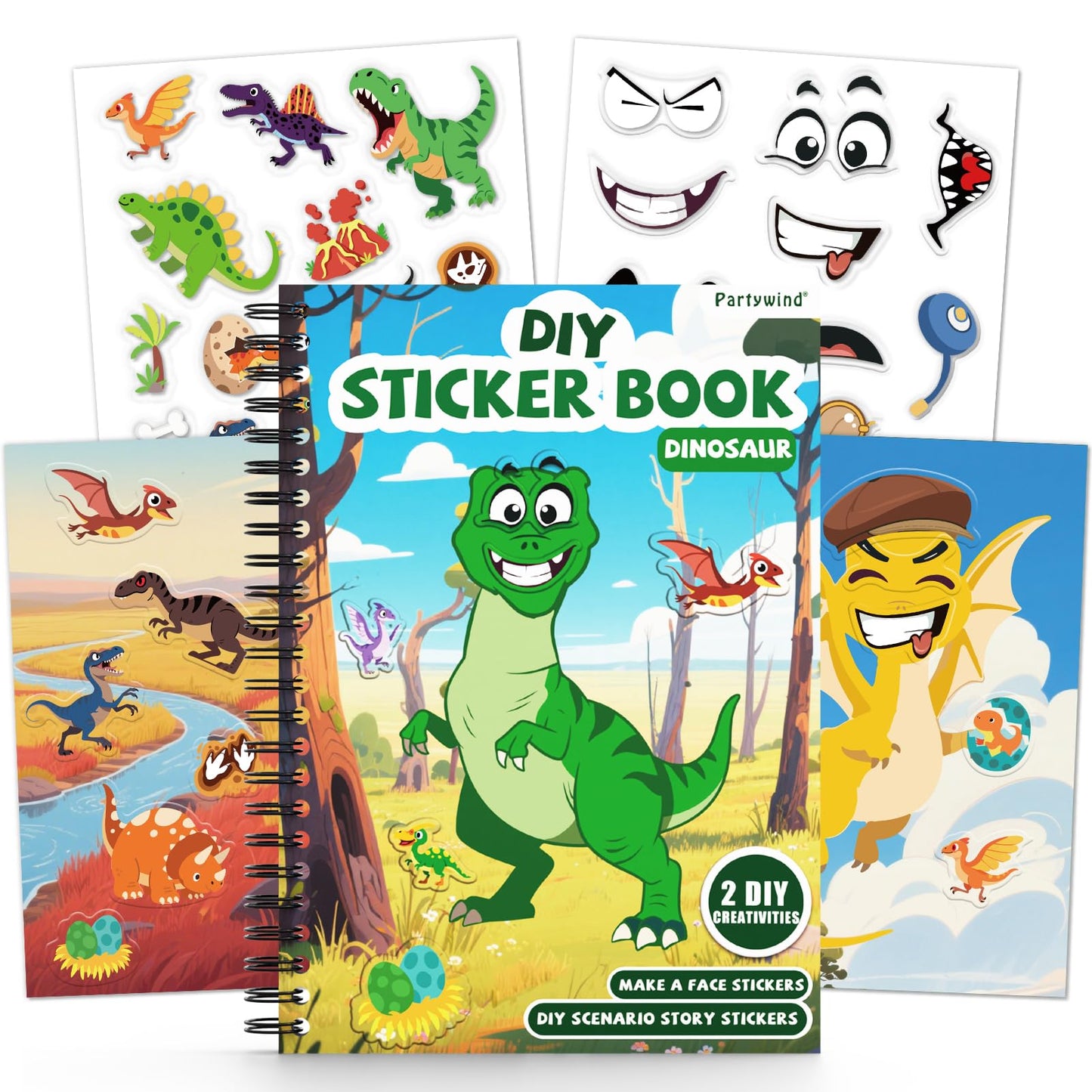 PARTYWIND Dinosaur Reusable Sticker Book for Toddlers – DIY Face Dinosaurs, 3D Jelly Stickers, Travel-Friendly Fun