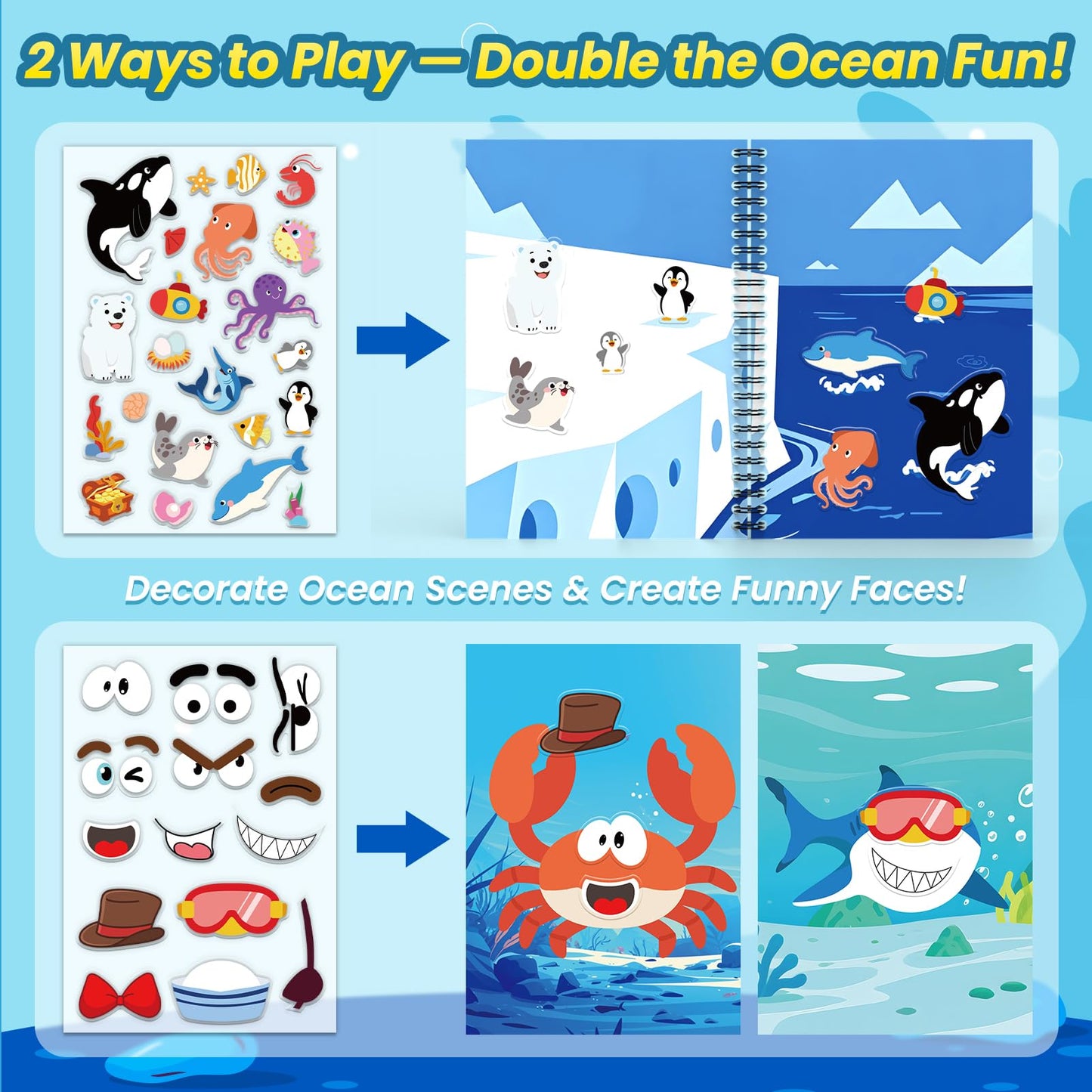 PARTYWIND Ocean Reusable Sticker Book for Toddlers – DIY 3D Jelly Face Animals & Travel Activity