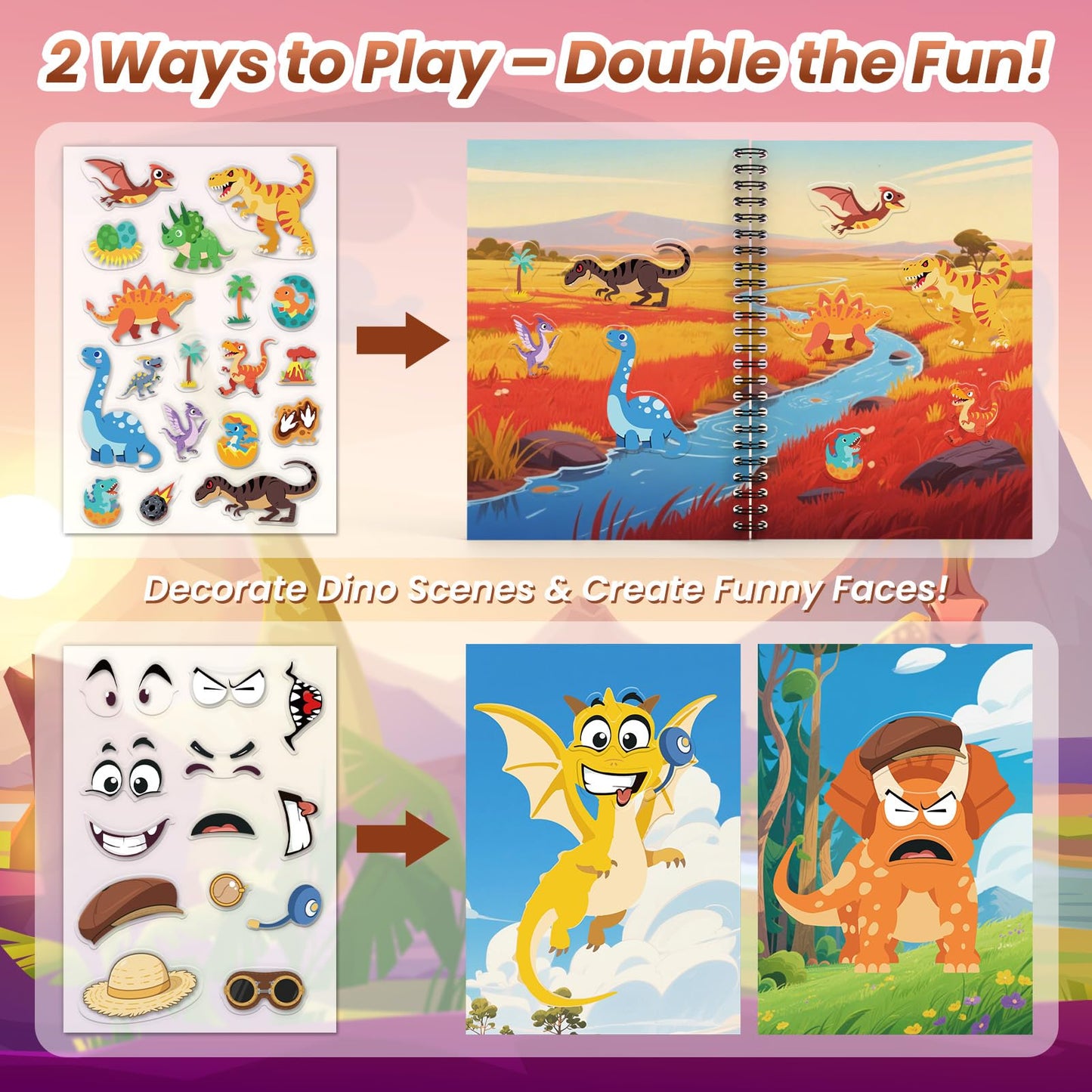 PARTYWIND Dinosaur Reusable Sticker Book for Toddlers – DIY Face Dinosaurs, 3D Jelly Stickers, Travel-Friendly Fun