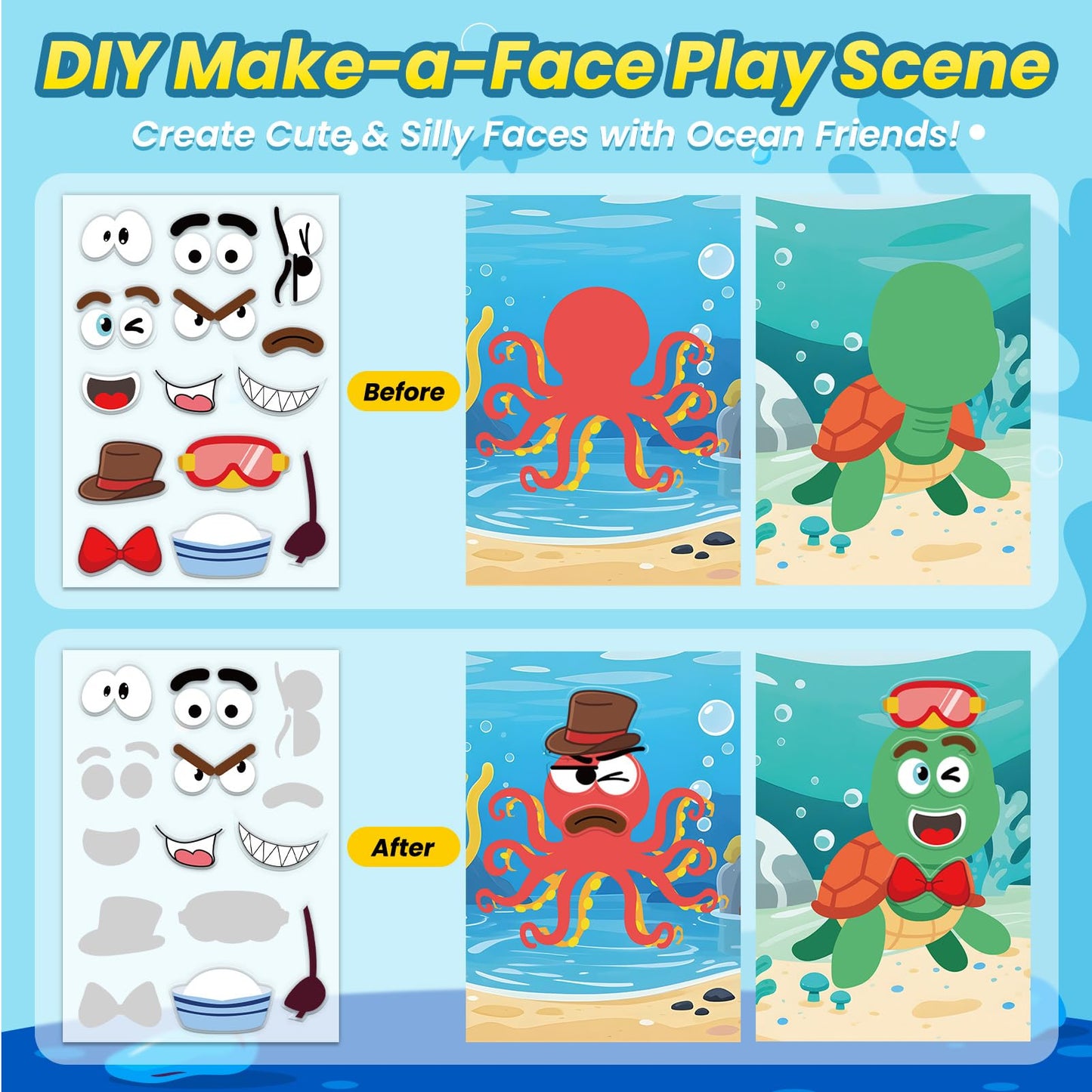 PARTYWIND Ocean Reusable Sticker Book for Toddlers – DIY 3D Jelly Face Animals & Travel Activity