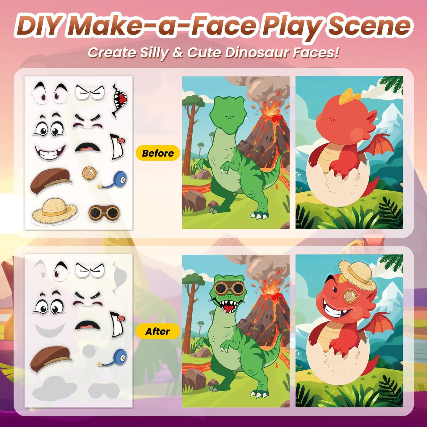 PARTYWIND Dinosaur Reusable Sticker Book for Toddlers – DIY Face Dinosaurs, 3D Jelly Stickers, Travel-Friendly Fun