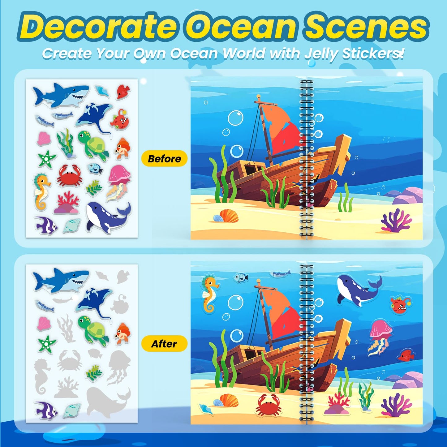 PARTYWIND Ocean Reusable Sticker Book for Toddlers – DIY 3D Jelly Face Animals & Travel Activity