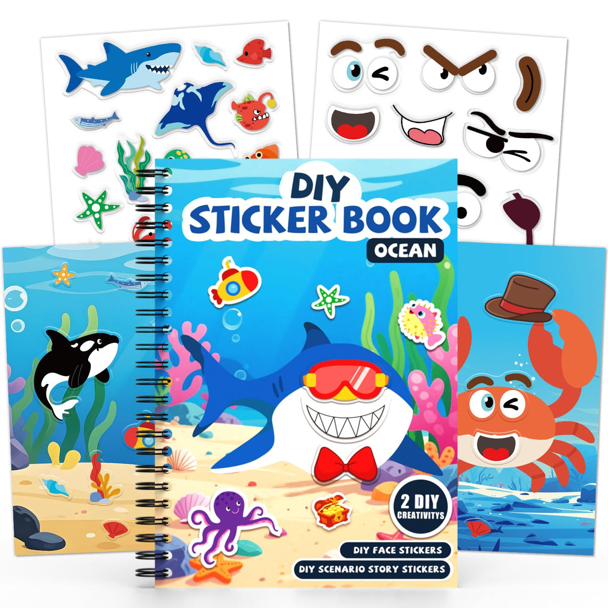 PARTYWIND Ocean Reusable Sticker Book for Toddlers – DIY 3D Jelly Face Animals & Travel Activity