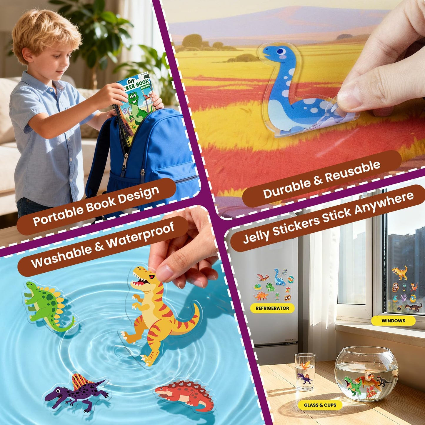PARTYWIND Dinosaur Reusable Sticker Book for Toddlers – DIY Face Dinosaurs, 3D Jelly Stickers, Travel-Friendly Fun