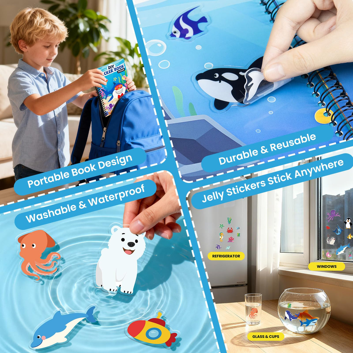 PARTYWIND Ocean Reusable Sticker Book for Toddlers – DIY 3D Jelly Face Animals & Travel Activity