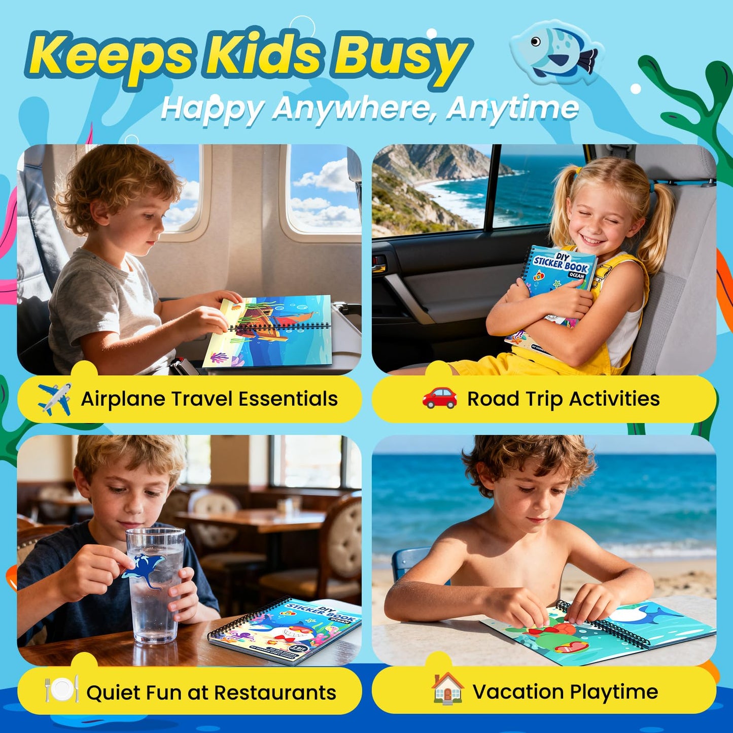 PARTYWIND Ocean Reusable Sticker Book for Toddlers – DIY 3D Jelly Face Animals & Travel Activity