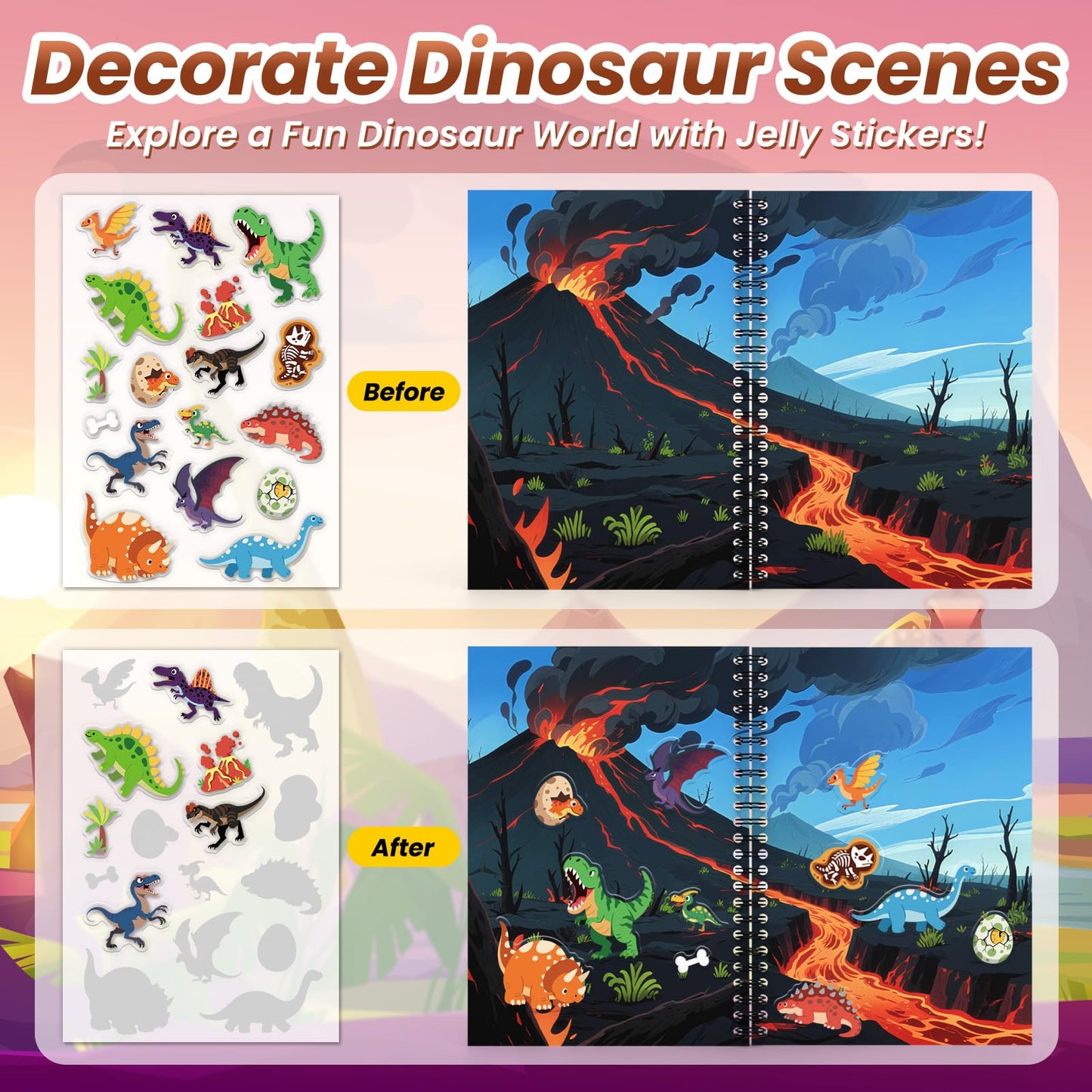 PARTYWIND Dinosaur Reusable Sticker Book for Toddlers – DIY Face Dinosaurs, 3D Jelly Stickers, Travel-Friendly Fun