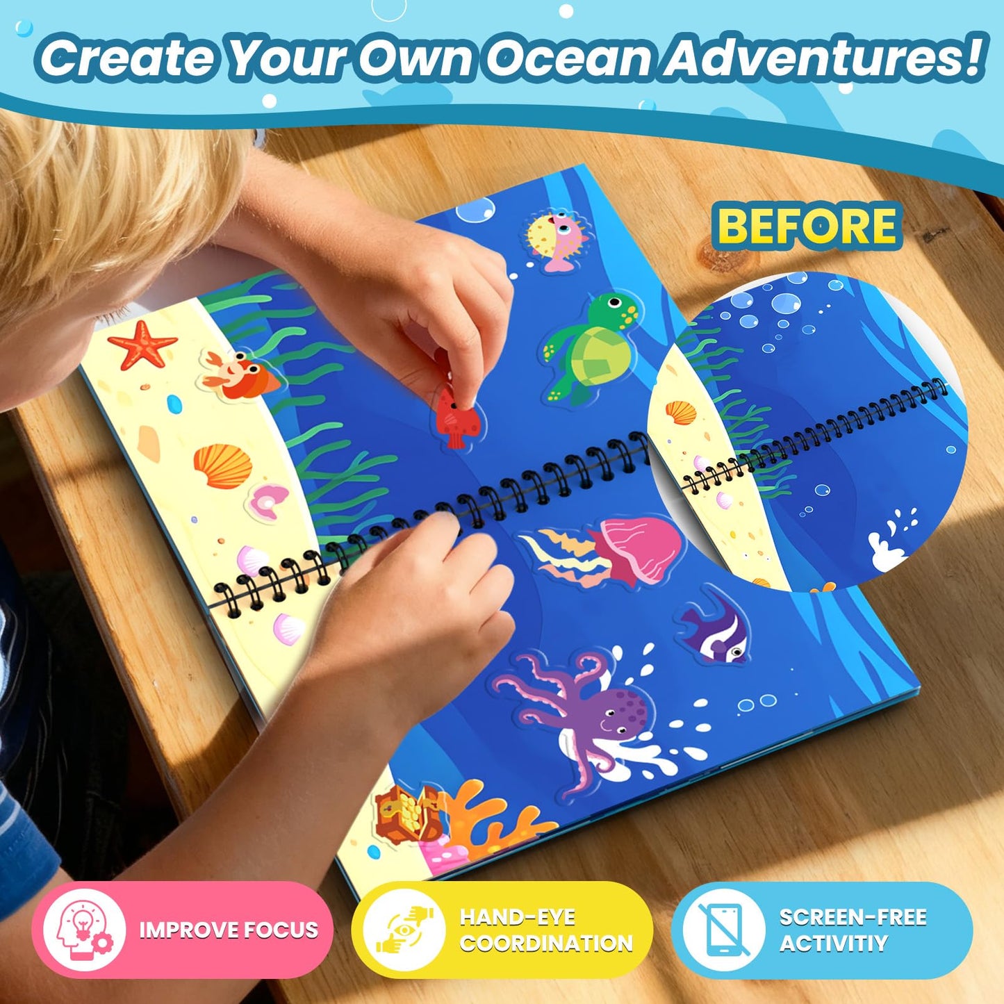 PARTYWIND Ocean Reusable Sticker Book for Toddlers – DIY 3D Jelly Face Animals & Travel Activity