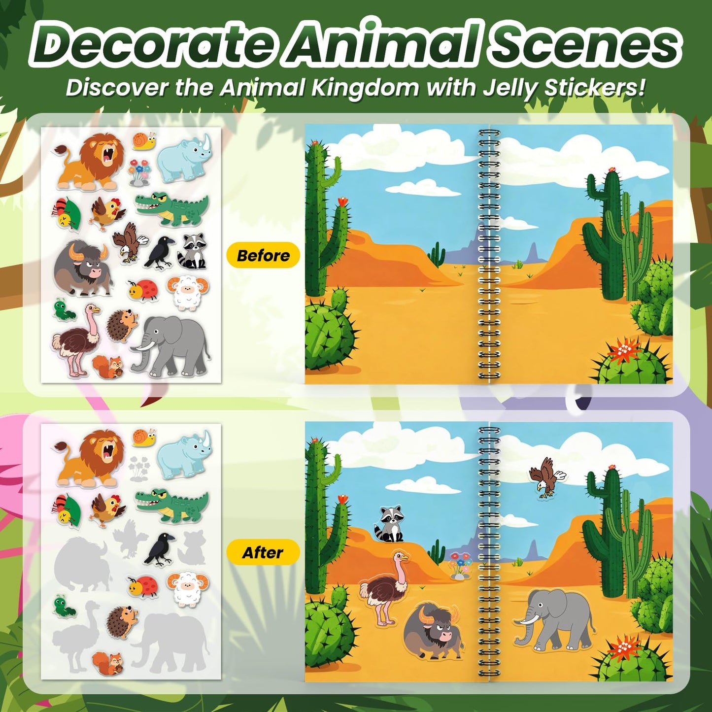 PARTYWIND Animals Reusable Sticker Book for Toddlers | Make-a-Face Jelly Stickers 3D Fun