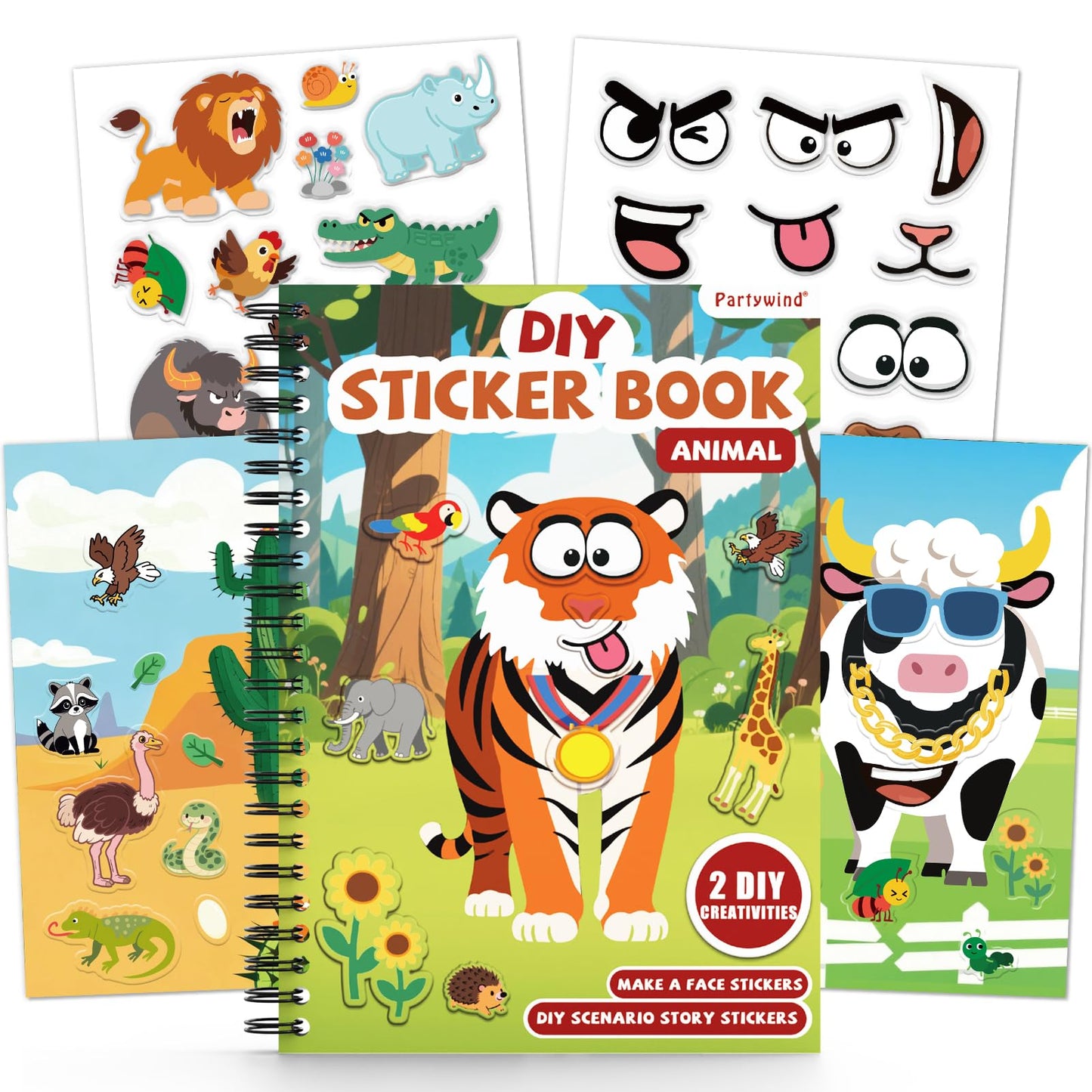 PARTYWIND Animals Reusable Sticker Book for Toddlers | Make-a-Face Jelly Stickers 3D Fun