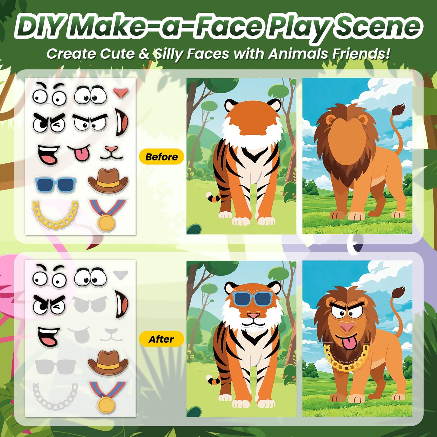PARTYWIND Animals Reusable Sticker Book for Toddlers | Make-a-Face Jelly Stickers 3D Fun