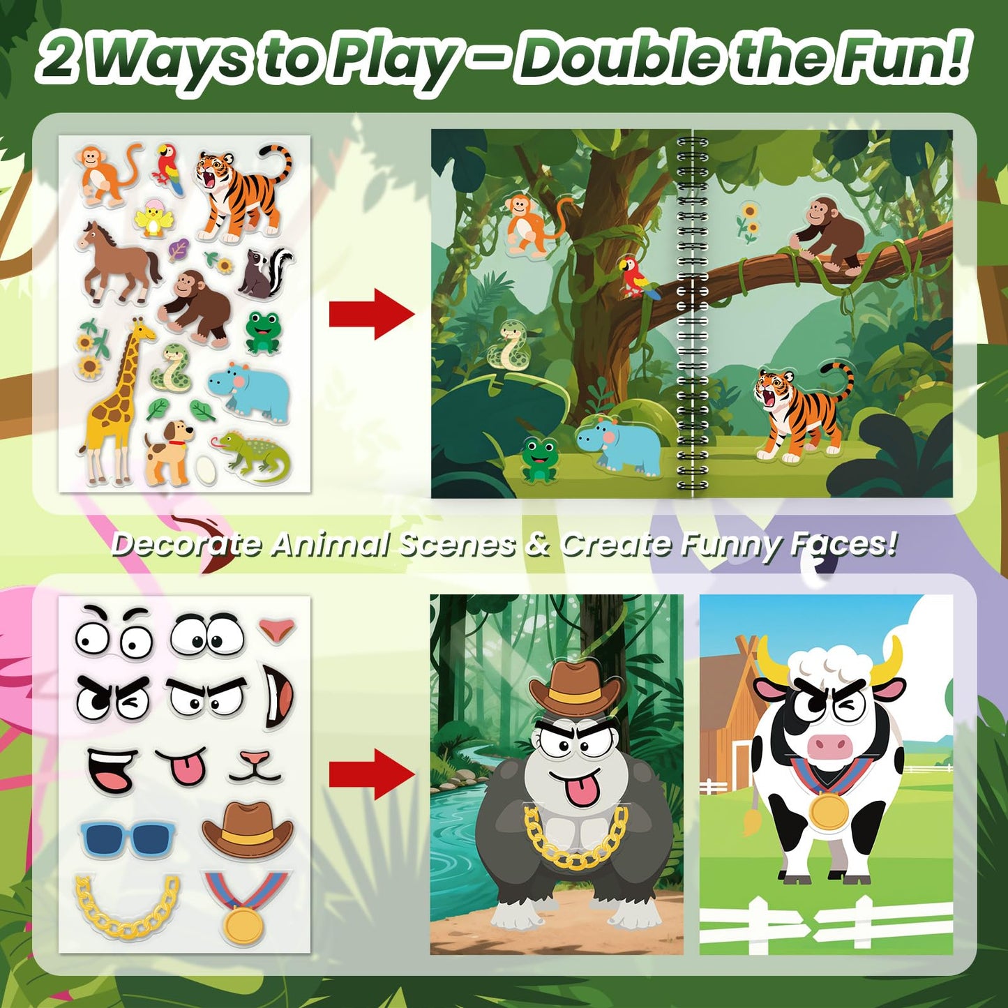 PARTYWIND Animals Reusable Sticker Book for Toddlers | Make-a-Face Jelly Stickers 3D Fun