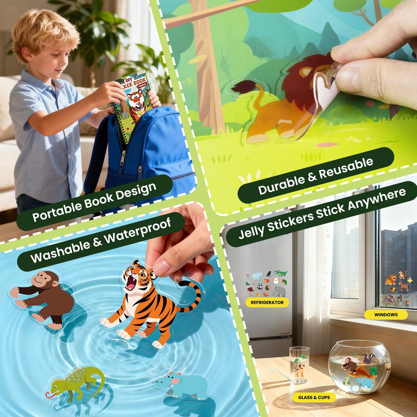 PARTYWIND Animals Reusable Sticker Book for Toddlers | Make-a-Face Jelly Stickers 3D Fun