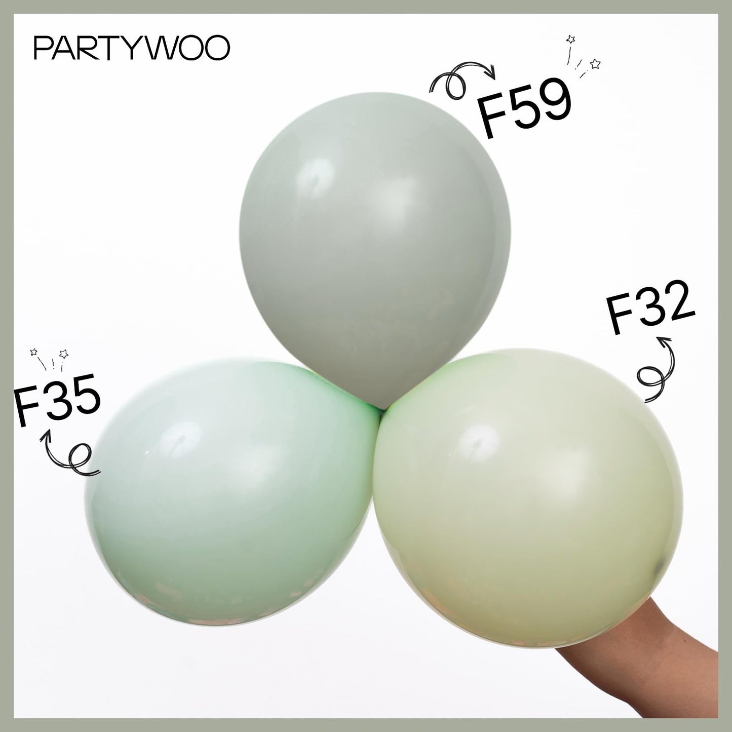 PartyWoo Dusty Green Balloons 140pcs – Boho Jungle Party Kit in Sage Olive Eucalyptus (18/12/10/5in)