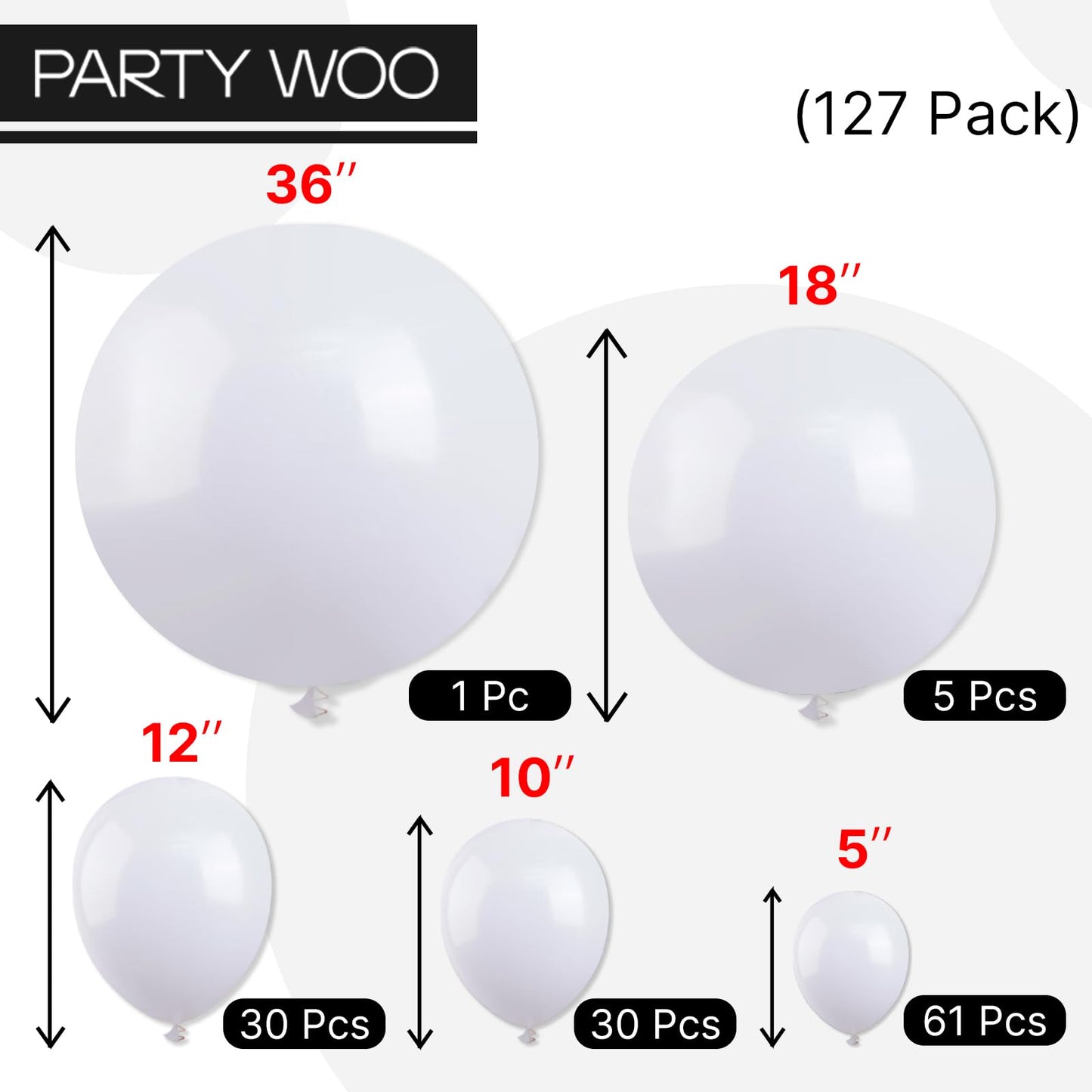 PartyWoo White Balloons 127pc Matte Latex Set — 36in to 5in for Weddings, Birthdays, and More