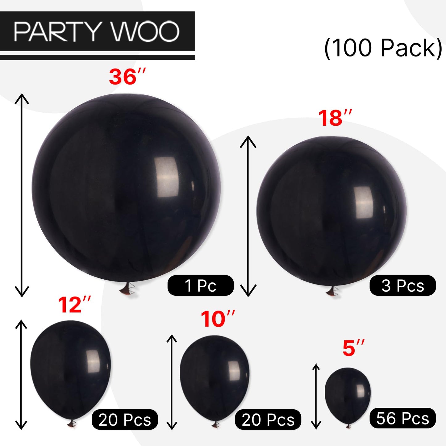 PartyWoo Black Balloons – 100 Pcs Matte Black Mixed Sizes for Balloon Garland & Arch